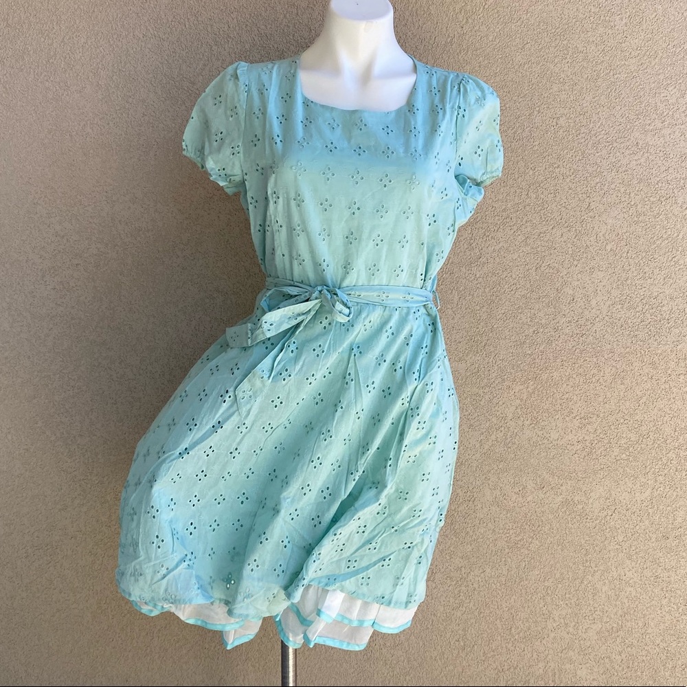 Mint Eyelet Crochet Fully Lined Belted Mini Dress - Picture 8 of 11